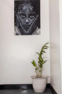 a plant sitting next to a painting of a black woman at Noric Homes and Adventure in Msaranga