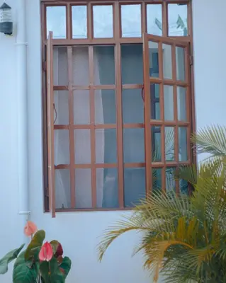 a window on a white wall with a plant at Arusha Oasis Executive Residence in Arusha