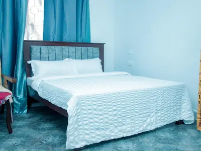a bedroom with a large bed with white sheets and blue curtains at Serene Vacay Lodge Soweto in Moshi