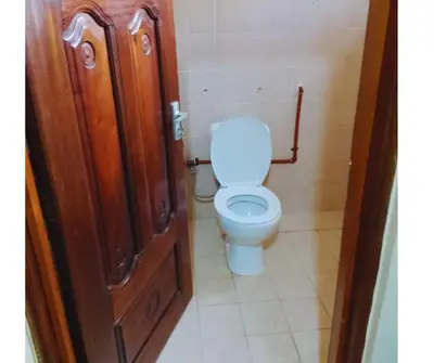 a bathroom with a toilet and a wooden door at Moshi Roots Homestay in Msaranga