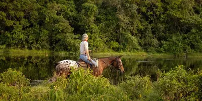a man riding a horse through a river at Zondela House in Nkoanrua
