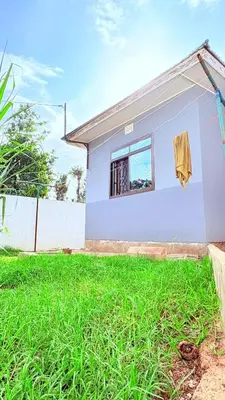 a white house with a window and a green yard at Cozy-Homey with solar system -Firepit- Free Parking-Gardenswing in Arusha