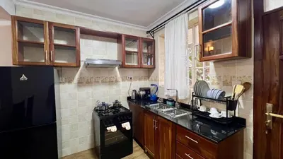 a kitchen with a black stove and a black refrigerator at Iwandaa Apartments in Nkoanrua