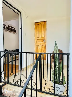 a plant sitting on a railing in front of a door at Oshey Home Stay in Arusha