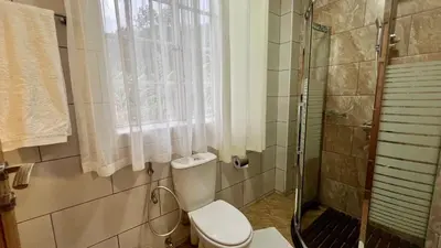 a bathroom with a toilet and a shower at Iwandaa Lodge in Nkoanrua
