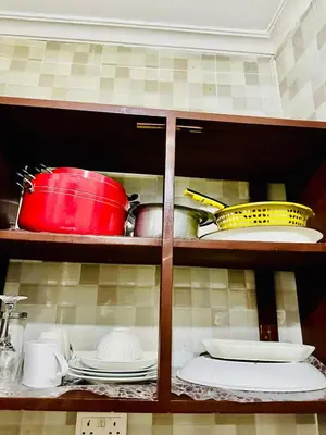 a shelf with plates and dishes on it at Cozy 1Bedroom Stand Alone -Near Clock Tower Arusha in Arusha
