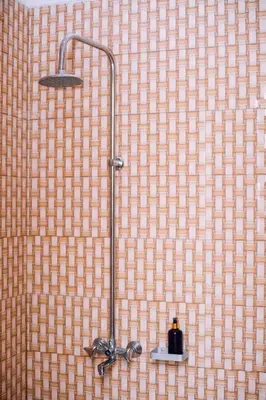 a shower in a bathroom with a tiled wall at Panamera Safari Lodge in Boma la Ngombe