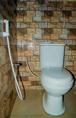 a white toilet in a bathroom with a brick wall at masai mama ecohostels in Arusha