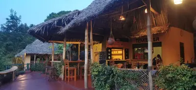 a restaurant with a straw umbrella and tables and chairs at Camp Kimanganu Safari Lodge in Msaranga