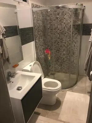 a bathroom with a shower and a toilet and a sink at Kobe House in Olturoto