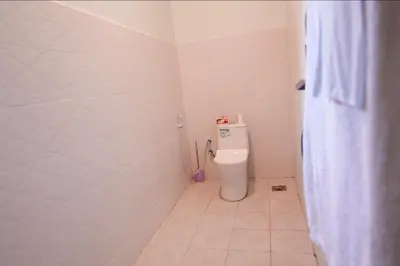 a bathroom with a toilet and a shower curtain at Hotel near the clock tower in Arusha