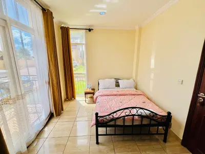 a bedroom with a bed and a large window at JJ Comfort Homes in Arusha