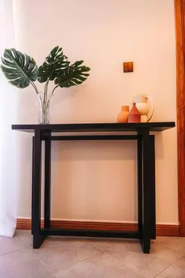 a black console table with a vase with a plant on it at LEGIT HOUSE Arusha in Arusha