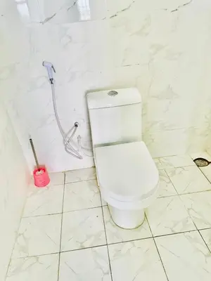 a white toilet in a bathroom with a shower at Oltare House in Makuyuni