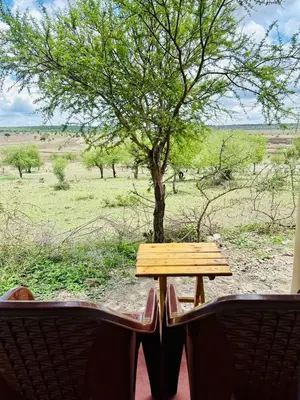 a wooden table and two chairs in front of a tree at Oltare House in Makuyuni