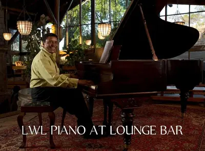 a man sitting at a piano in a room at Lobo Wildlife Lodge in Serengeti