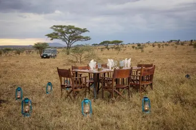 a table in the middle of a field in the grass at Pumzika Luxury Safari Camp in Banagi
