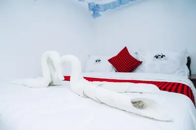 a white bed with red and white pillows at Arusha Giraffe Lodge in Arusha