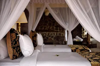 a bedroom with two beds with white curtains at Lake Manyara Kilimamoja Lodge in Mto wa Mbu
