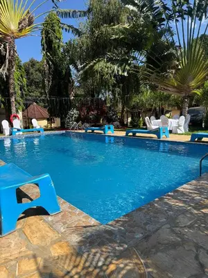 a large swimming pool with blue chairs and palm trees at Keys Hotel in Moshi