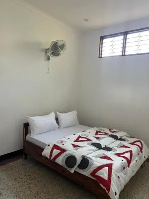 a bedroom with a bed and a fan at The Paradise Inn Kilimanjaro in Moshi