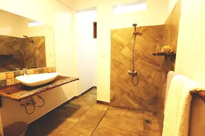 a bathroom with a shower and a sink and a shower stall at Boulevard Inn Mt Meru in Arusha