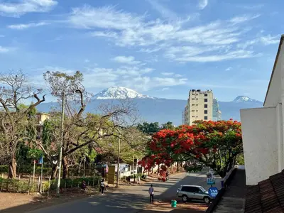 a city street with a mountain in the background at Bristol Cottages Kilimanjaro in Moshi