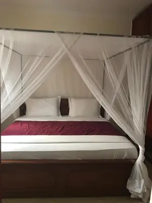 a bed with a canopy with white sheets and pillows at Le Parlour in Boma la Ngombe