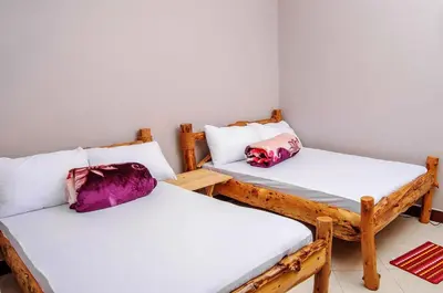 a room with two beds with pillows at Wanyama B&B in Arusha