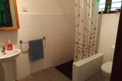 a bathroom with a shower with a toilet and a sink at The Researchers Rest in Arusha
