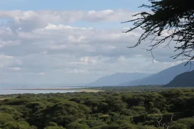 a view of the water and mountains from the forest at Migombani Camp in Mto wa Mbu