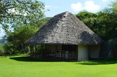 a small hut with a thatched roof in a field at Migombani Camp in Mto wa Mbu