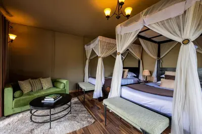 a bedroom with a canopy bed and a green couch at Ngorongoro Lion's Paw in Ngorongoro