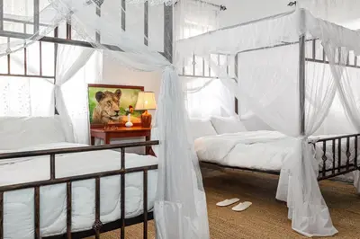 a bedroom with two bunk beds with white drapes at Mama Wilsen House in Arusha