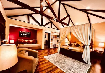 a room with a bed and a couch in a room at Pink Flamingo Boutique Hotel in Moshi