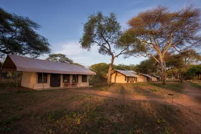 a group of buildings in a field with trees at Baobab Tented Camp in Kwa Kuchinia