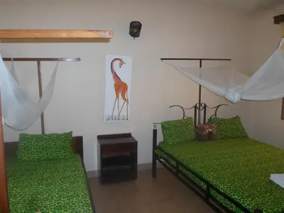 a bedroom with two beds and a giraffe picture on the wall at Climbers Home in Moshi