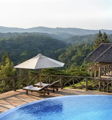 a pool with an umbrella and a chair and a table at Neptune Ngorongoro Luxury Lodge - All Inclusive in Ngorongoro