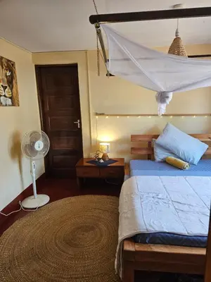 a bedroom with a bed with a mosquito net at Kiwavi Home in Moshi