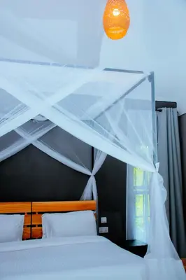 a bedroom with a bed with a white canopy at Kutoka Lodge in Arusha