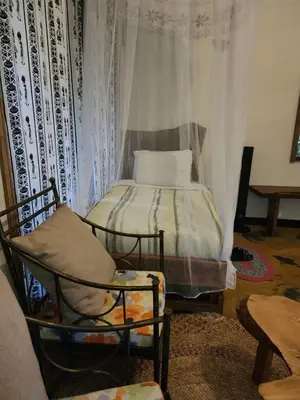 a bedroom with a bed with curtains and a chair at Haradali's Home in Arusha