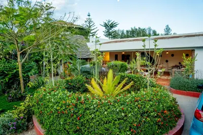 a garden in front of a house with flowers at Dan Stam Hotel in Arusha