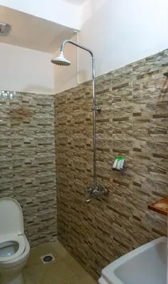 a bathroom with a shower and a toilet and a tub at Lilac Elevate Inn in Karatu