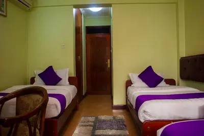a room with two beds with purple pillows on them at New Hotel Aquiline in Arusha