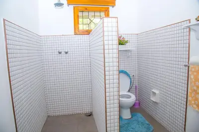 a bathroom with a toilet and a window at Lavender Coffee Farm House in Arusha