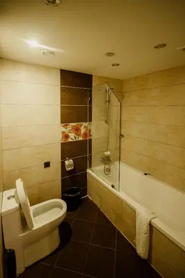 a bathroom with a toilet and a sink and a tub at SG Premium Resort in Arusha