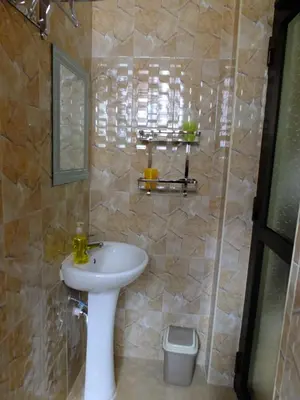 a bathroom with a sink and a shower at Enjivai Hostel in Arusha