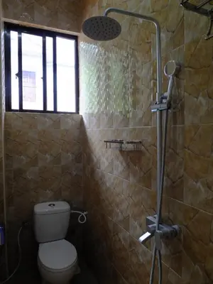 a bathroom with a toilet and a shower at Enjivai Hostel in Arusha