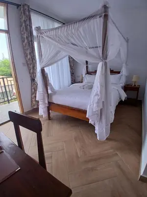 a bedroom with a white bed with a canopy at Bird of Paradise Eco Lodge in Arusha