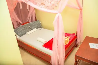 a small bed with a pink canopy in a room at Kilimanjaro White House Hotel in Moshi